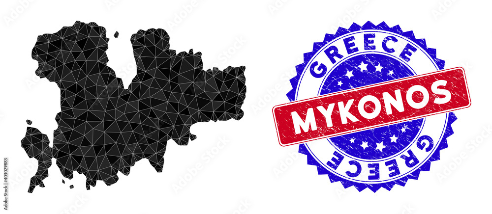 Poster mykonos island map polygonal mesh with filled triangles, and distress bicolor stamp print. triangle 