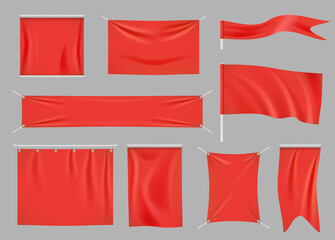 Colored fabric banners. Promotional flag decoration empty textile banners clothes texture vector set. Fashion hanging silk flag, outdoor material advertising illustration