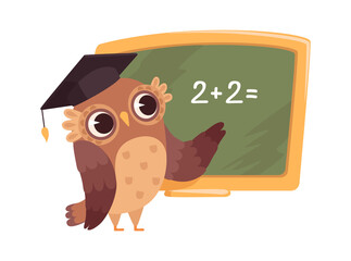 Teacher at blackboard. Isolated cartoon clever owl in university cap teaches counting. School or college study vector illustration. Education owl in school, smart teacher at blackboard