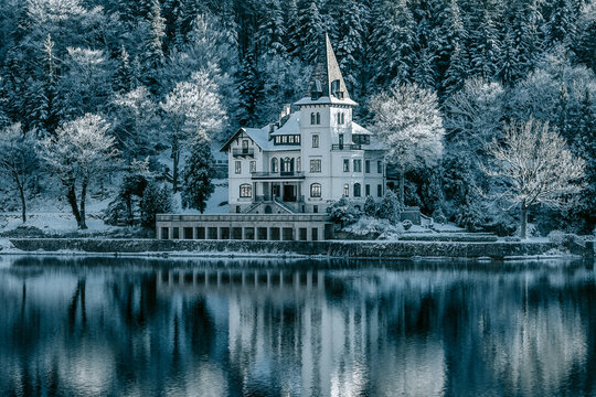 Austrian Castle On Lake Grundelsee In Winter