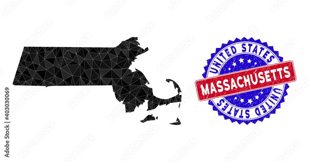 Poster massachusetts state map polygonal mesh with filled triangles, and rubber bicolor watermark. triangle