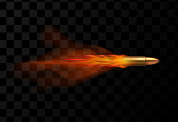 Realistic flying bullet with red trail of fire isolated on transparent dark background, vector illustration. - obrazy, fototapety, plakaty