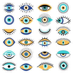 Evil eyes symbols. Illuminati tattoo graphic sketch hipster ethnic traditional vector pictures. Illuminati occult alchemy and esoteric spiritual amulet