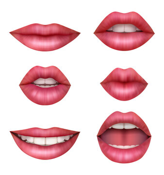 Woman realistic mouth. Beauty sexy lips happy girls vector anatomic pictures collection. Sexy female glossy, woman realistic fashion lips illustration