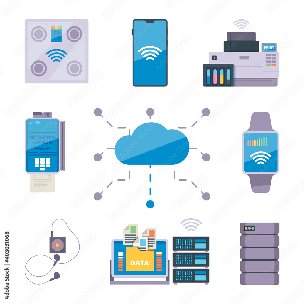 Poster connectivity devices. smart connection technic wifi bluetooth support garish vector collection. illu
