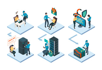 Sysadmin helping. Digital data network worker safe protect security software technician worker garish vector isometric illustration. Computing data network, automation connection control