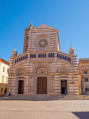 The Cattedrale di San Lorenzo - Saint Lawrence Cathedral - in Grosseto in Tuscany, Italy. This Romanesque church with a marble facade was constructed between 13th-15th century, and has a 15th century 