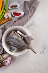 set for fish soup from sturgeon in a metal plate