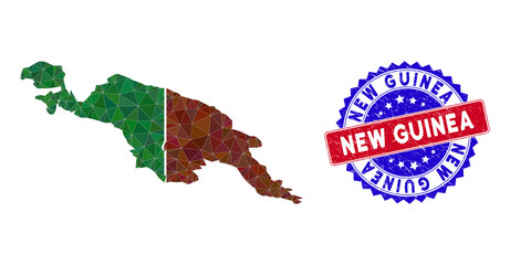 Obraz premium New Guinea countries map polygonal mesh with filled triangles, and rubber bicolor rubber seal. Triangle mosaic New Guinea countries map with triangular vector model, triangles have different sizes,