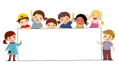 Vector illustration cartoon of children holding blank sign banner. Template for advertising. - 403031461