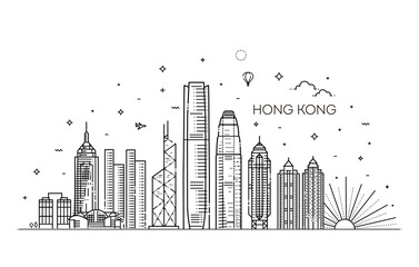 Hong Kong skyline,  illustration in linear style
