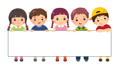 Vector illustration cartoon of kids standing behind blank sign banner. Template for advertising.
