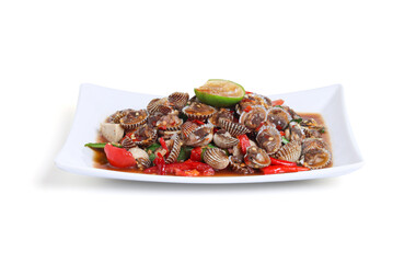 Thai style spicy seafood salad with cockle isolated on white background,  Clipping path, Cockles salad  Hot and spicy shellfish blood cockles salad mix vegetable tomato herb and spices thai style food
