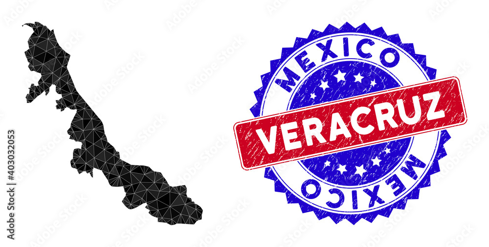 Poster veracruz state map polygonal mesh with filled triangles, and rubber bicolor rubber seal. triangle mo