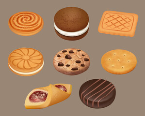 Cookies. Realistic delicious sugar cookies decent vector illustrations. Snack dessert, chocolate taste crunchy cookies