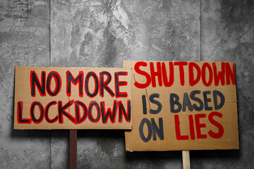 Protestive placard against coronavirus lockdowns against wall
