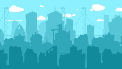 City silhouette background. Town downtown on blue sky woth clouds, urbanization vector background. Illustration cityscape scenery building