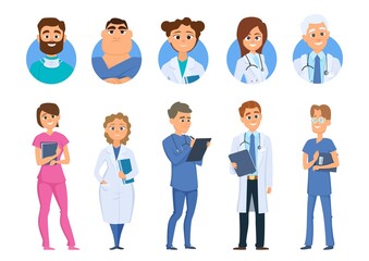 Doctors characters. Nurse medical staff avatars, isolated cartoon hospital team vector set. Illustration team doctor staff, professional surgeon and worker