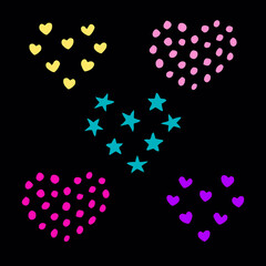 Vector image with hearts from different elements on a black background.