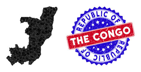 Republic of the Congo map polygonal mesh with filled triangles, and grunge bicolor stamp seal. Triangle mosaic Republic of the Congo map with triangular vector model, triangles have various sizes,