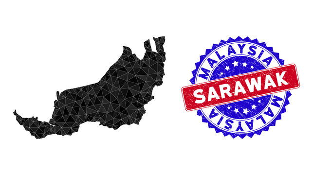 Sarawak State map polygonal mesh with filled triangles, and unclean bicolor rubber seal. Triangle mosaic Sarawak State map with mesh vector model, triangles have different sizes, and positions,