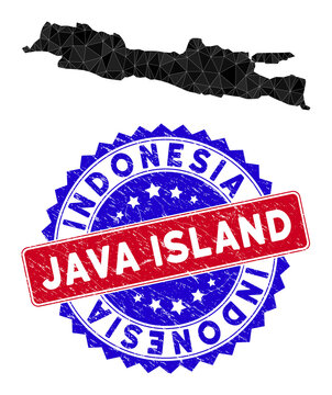 Java Island map polygonal mesh with filled triangles, and rough bicolor stamp print. Triangle mosaic Java Island map with mesh vector model, triangles have different sizes, and positions,