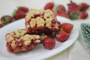 Strawberry crumble with fresh strawberries as Christmas season dessert and for valentine's day...