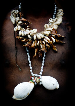 Shell amulets on warrior chest during a sing-sing, Western Highlands Province, Mount Hagen, Papua New Guinea