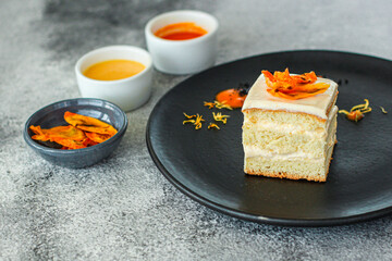 piece of cake biscuit cream sweet dessert layers vanilla kurd ready to eat on the table healthy...
