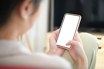 Close up view of woman using smart phone while sitting on couch in living room. Blank screen for graphics display montage.