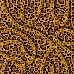 Fototapeta na wymiar Cheetah skin with gold chains seamless pattern. Panther yellow spots with black jaguar scheme outlines in cheetah vector color.