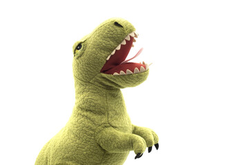 Closeup of green dinosaur plush standing on white background