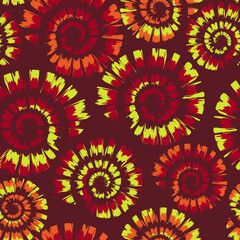 Fototapeta na wymiar Seamless vector pattern with fossil tie dye on brown background. Artistic spiral wallpaper design. Mahogany red swirl fashion textile.