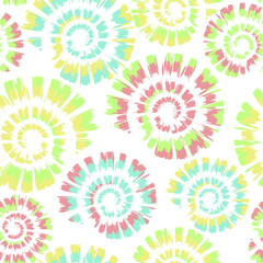 Fototapeta na wymiar Seamless vector pattern with tie dye spiral on white background. Rainbow seashell wallpaper design. Pastel coloured swirl fashion textile.