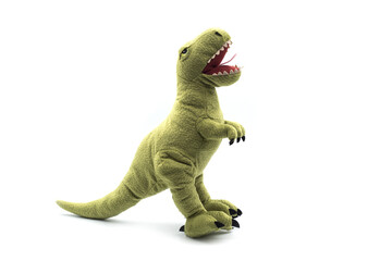 Closeup of green dinosaur plush standing on white background - 403036039