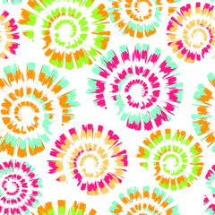 Fototapeta na wymiar Seamless vector pattern with tie dye spiral on white background. Simple colourful spiral wallpaper design. Artistic deco fashion textile.