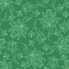 Seamless vector pattern with out line flowers on teal blue background. Simple floral wallpaper texture. Tropical fashion textile design.