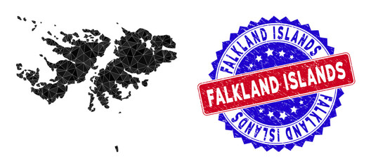 Falkland Islands map polygonal mesh with filled triangles, and rubber bicolor rubber seal. Triangle mosaic Falkland Islands map with mesh vector model, triangles have variable sizes, and positions,