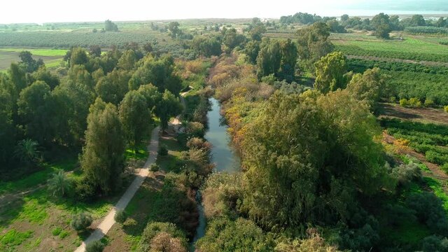 Aerial view of path along the north of the Jordan River