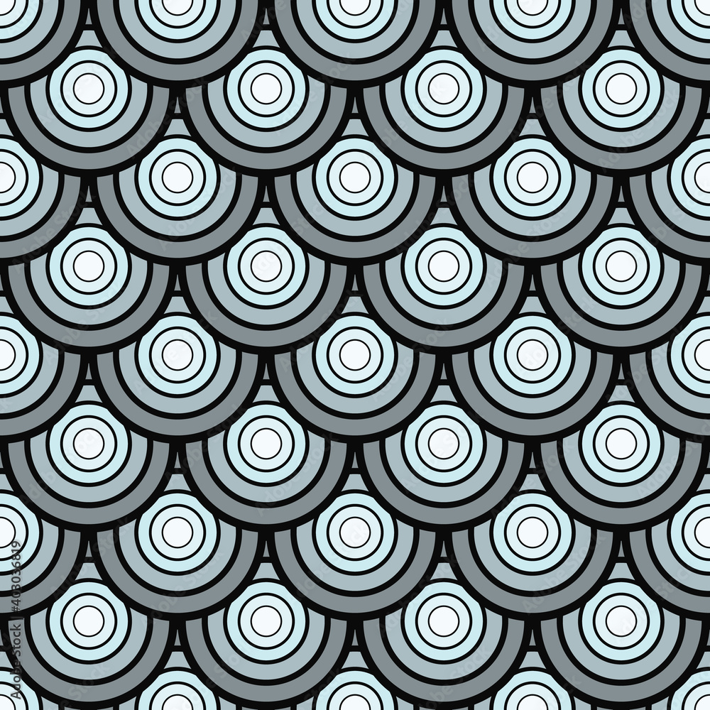 Poster seamless vintage pattern of overlapping shells in art deco style.