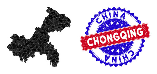Chongqing City map polygonal mesh with filled triangles, and grunge bicolor stamp seal. Triangle mosaic Chongqing City map with mesh vector model, triangles have variable sizes, and positions,