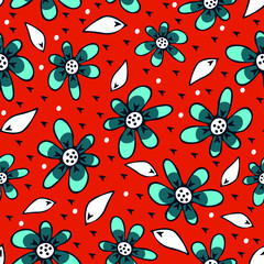 Seamless vector pattern with blue flowers on red background. Simple bright floral wallpaper design. Vintage spring meadow fashion textile.
