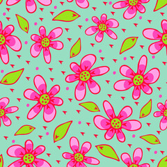 Seamless vector pattern with pink flowers on blue background. Cute floral wallpaper design. Hand drown summer garden fashion textile.