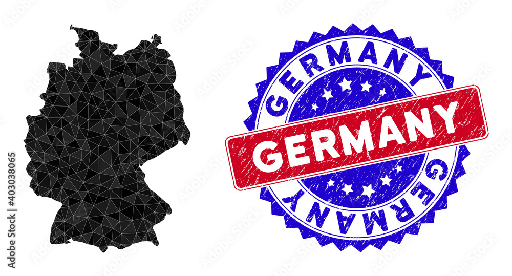 Poster germany map polygonal mesh with filled triangles, and scratched bicolor stamp imitation. triangle mo