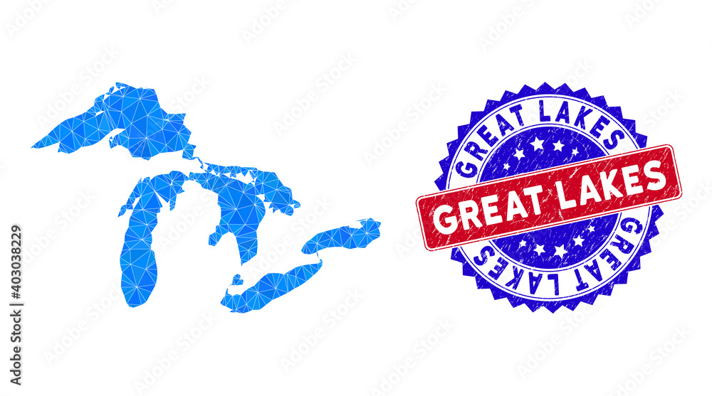 Poster great lakes map polygonal mesh with filled triangles, and scratched bicolor stamp imitation. triangl
