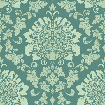 Seamless vector pattern soft romantic damask wallpaper. Victorian style peacock on grey blue background. Vintage decorative fashion textile with bird.