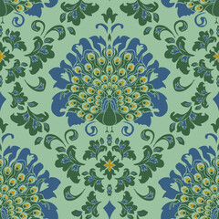 Seamless vector pattern with romantic bird on blue background. Luxury damask wallpaper with peacock. Vintage royal fashion textile.