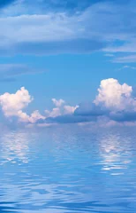 Vlies Fototapete Reflection Blue sky with clouds, horizon, sunlight reflected in water, clouds, waves. Empty sea landscape, natural empty scene. 3D illustration
