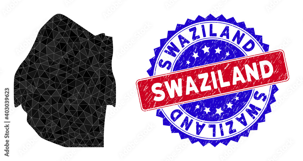 Poster swaziland map polygonal mesh with filled triangles, and scratched bicolor stamp imitation. triangle 