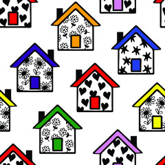 Seamless vector pattern with rainbow houses on white background. Simple family home wallpaper design. Artistic building fashion textile.